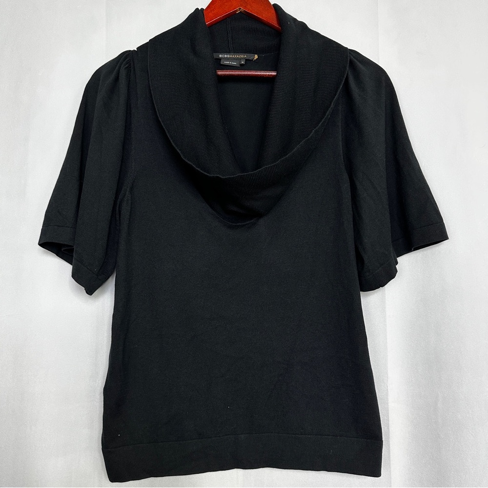 BCBGMaxazria Silk Blouse Drape Neckline Short Sleeve Women’s Black Knit Medium